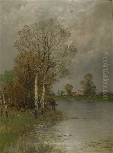 Fluslandschaft Mit Birken Und Spazierganger Oil Painting by Johann Jungblut