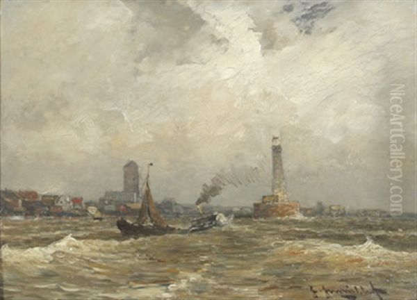 Boote Bei Der Einfahrt In Den Hafen Bei Sturmischer See Oil Painting by Johann Jungblut