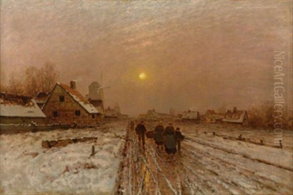 Winterabend. Bauersleute Auf Einer Dorfstrase Im Abendrot by Johann Jungblut