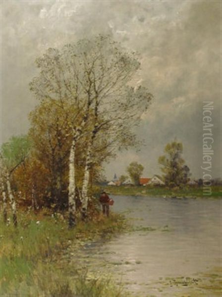 Ruhige Fluslandschaft Mit Birken Und Spazierganger Oil Painting by Johann Jungblut