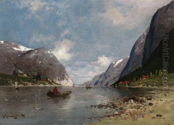 Sommer In Einem Norwegischen Fjord, Auf Dem Wasser Ein Ruderboot Oil Painting by Johann Jungblut