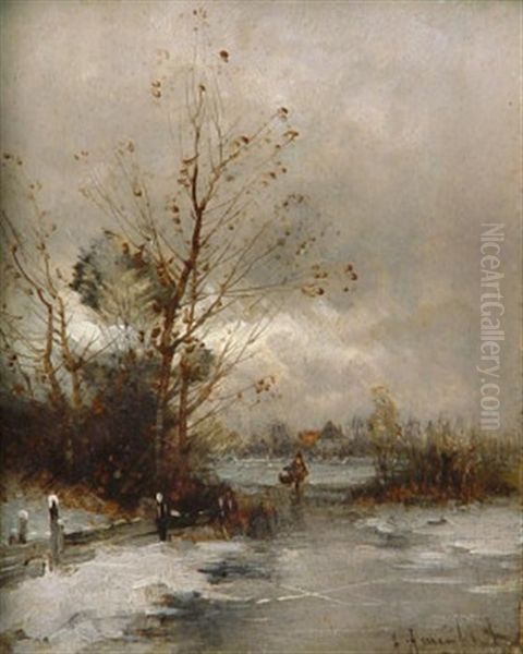 Kalter Wintertag Mit Wanderern In Verschneiter Fluslandschaft (+ Stiller Herbsttag. Blick Vom Fluslufer Auf Ein Kleines Kirchdorf; 2 Works) Oil Painting by Johann Jungblut