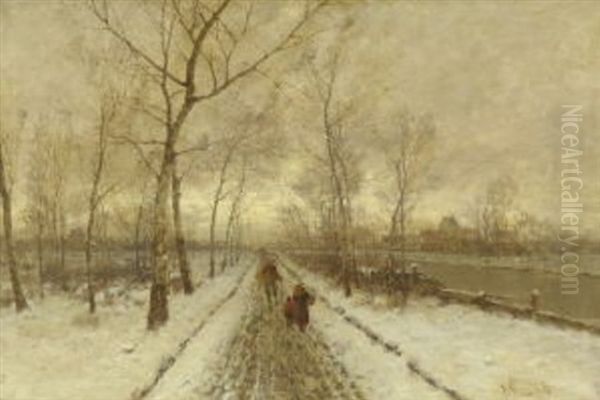 Winterlandschaft Mit Bauern Auf Dem Weg Am Kanal Oil Painting by Johann Jungblut