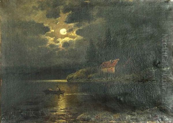 Fischer Im Kahn Auf Einem See Bei Vollmond Oil Painting by Johann Jungblut