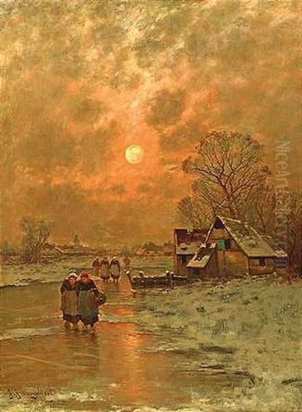 Abendliche Winterlandschaft Mit Heimkehrenden Bauern Oil Painting by Johann Jungblut