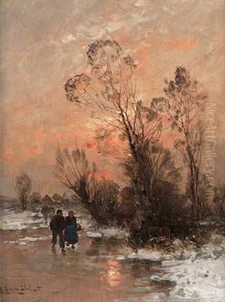 Winter Landscape With Figures On A Frozen River Oil Painting by Johann Jungblut