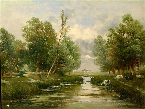 An Einem Hollandischen Kanal Oil Painting by Johann Jungblut