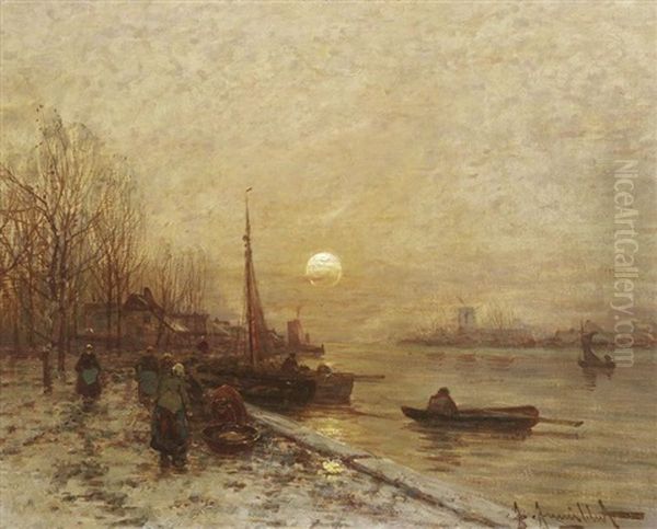 Winterabend Am Flus Oil Painting by Johann Jungblut