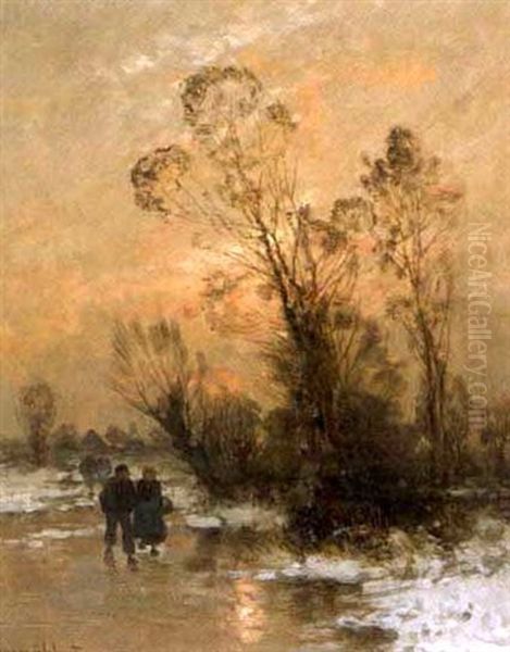 Paysage D'hiver Avec Patineurs Oil Painting by Johann Jungblut