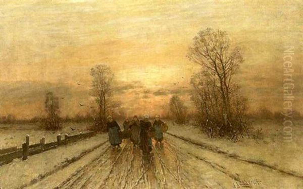 Abendlicher Heimweg In Winterlandschaft Oil Painting by Johann Jungblut