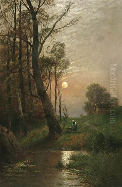 Zwei Bauerinnen Am Waldbach Oil Painting by Johann Jungblut