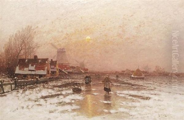 Winterabend Vor Einem Hollandischen Dorf Oil Painting by Johann Jungblut