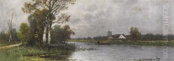 Herbstliche Niederrheinlandschaft Mit Angler Auf Einem Kanal Oil Painting by Johann Jungblut