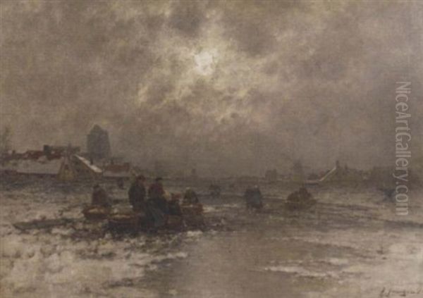 Ice-fishing Outside A Village At Dusk Oil Painting by Johann Jungblut