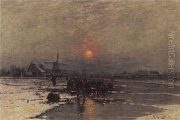 Abendstimmung Uber Eisfischern Am Dorfrand Oil Painting by Johann Jungblut