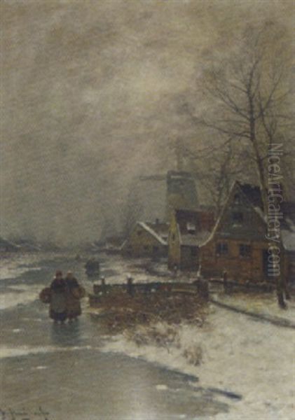 Walking Home In Winter Oil Painting by Johann Jungblut