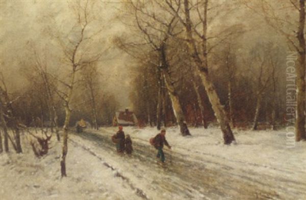 Figures On A Country Road In The Snow Oil Painting by Johann Jungblut