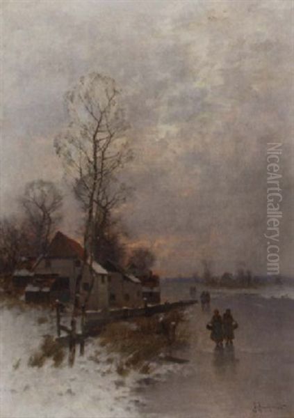 Walking Home On A Winter's Day At Dusk Oil Painting by Johann Jungblut