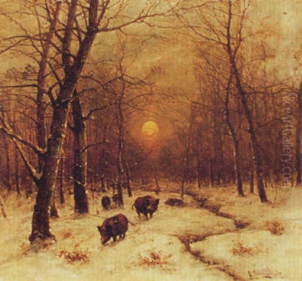 Wildschweinrotte In Verschneiten Laubwald Oil Painting by Johann Jungblut