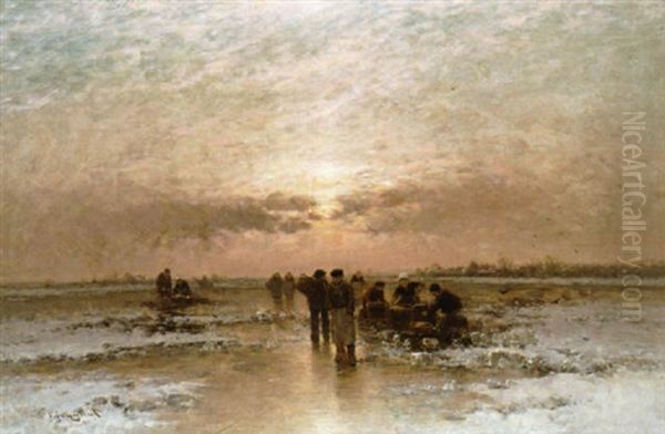 Winterlandschap Met Figuren Op Een Bevroren Rivier Oil Painting by Johann Jungblut