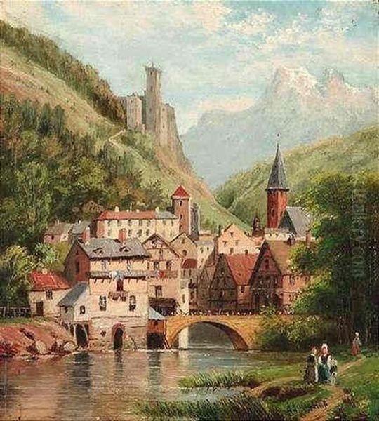 Blick Auf Ein Kleines Stadtchen An Einem Gebirgsflus Oil Painting by Johann Jungblut