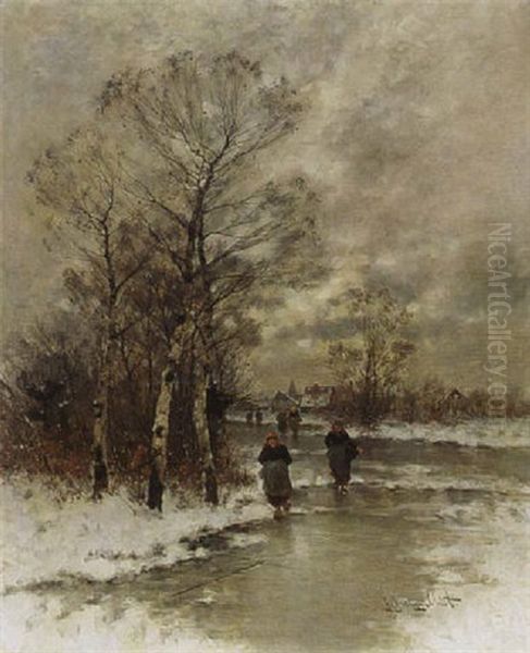 A Winter Landscape With Figures On A Frozen River Oil Painting by Johann Jungblut