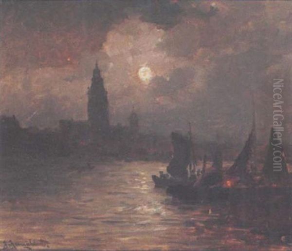 A Moonlit Harbour Oil Painting by Johann Jungblut