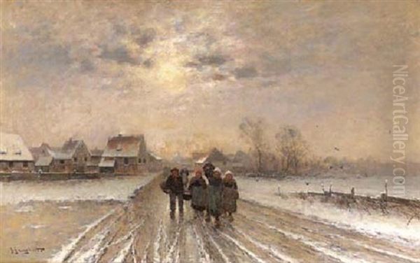 Peasants Leaving A Village In Winter Oil Painting by Johann Jungblut