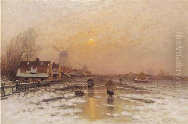 Ice Fishers By A Village At Dusk Oil Painting by Johann Jungblut