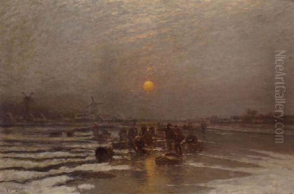 Ice Fishing At Dusk Oil Painting by Johann Jungblut