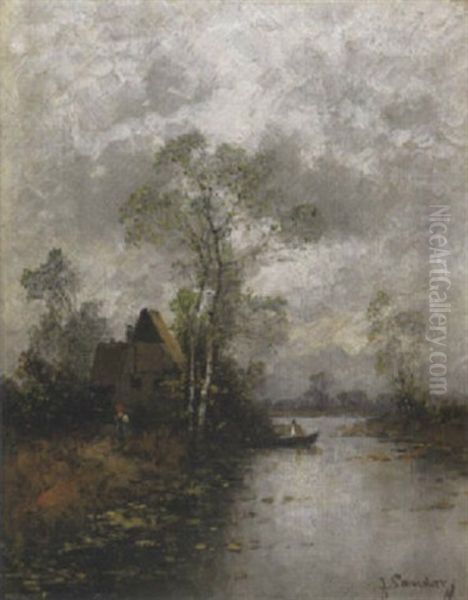 Herbstliche Fluslandschaft Oil Painting by Johann Jungblut