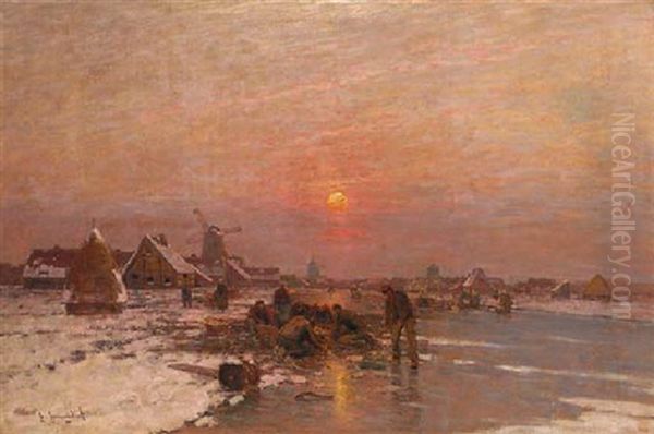 Ice Fishers On A Frozen Waterway At Dusk by Johann Jungblut