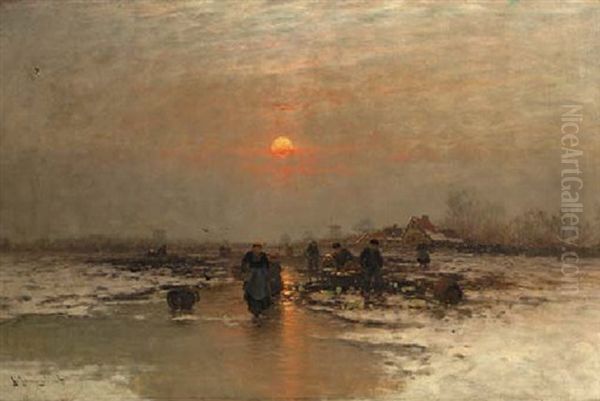 Ice Fishing At Dusk Oil Painting by Johann Jungblut