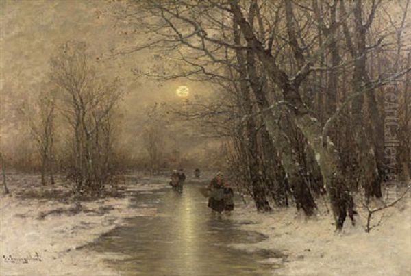 Peasants On A Frozen Waterway In Winter Oil Painting by Johann Jungblut