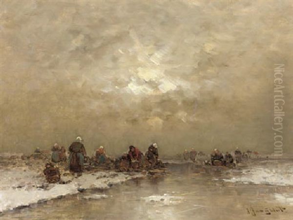 Fishermen At Work In A Frozen Winter Landscape Oil Painting by Johann Jungblut