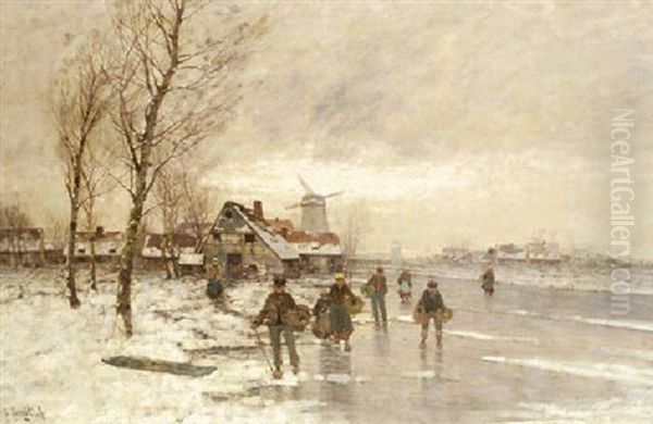 A Winter Landscape With Figures On A Frozen Waterway Oil Painting by Johann Jungblut