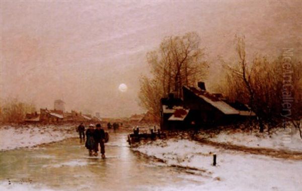 A Winter Scene Oil Painting by Johann Jungblut