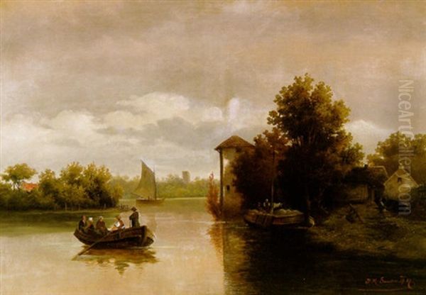 Fluslandschaft Mit Ruderbooten Und Gehoften Oil Painting by Johann Jungblut