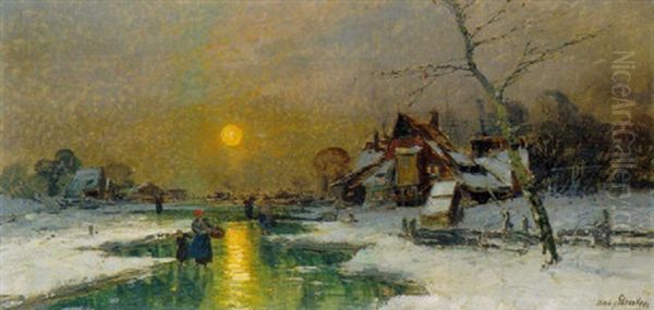 Winterabend In Holland Oil Painting by Johann Jungblut