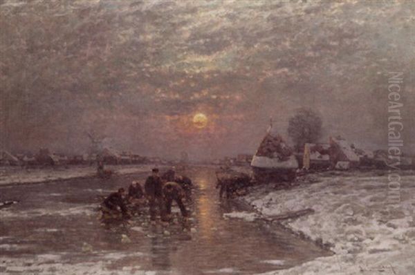 A Winter Landscape At Dusk Wiht Figures Fishing On The Ice Oil Painting by Johann Jungblut