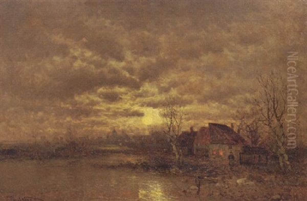 A River Landscape At Dusk Oil Painting by Johann Jungblut