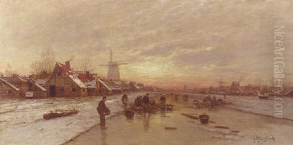 Peasants Catching Fish From A Blow-hole In The Ice Oil Painting by Johann Jungblut