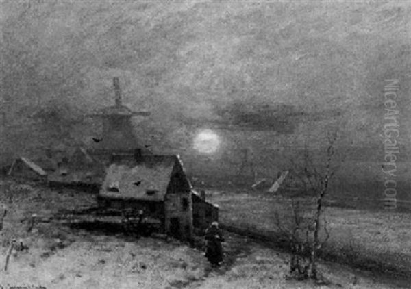 Winterlicher Sonnenuntergang In Einem Hollandischen Dorf Oil Painting by Johann Jungblut