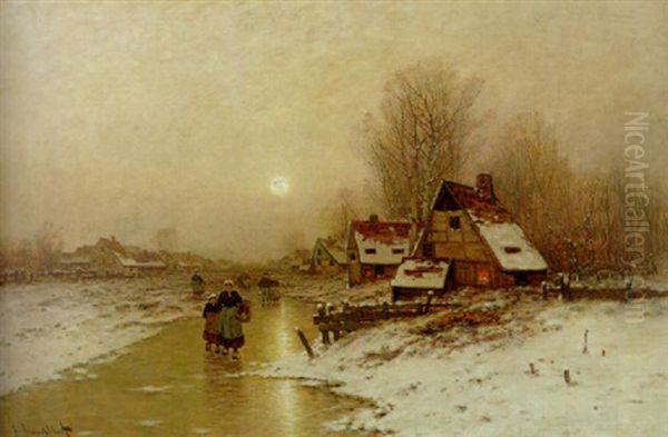 A Winter Landscape With Peasants Walking On The Ice Oil Painting by Johann Jungblut