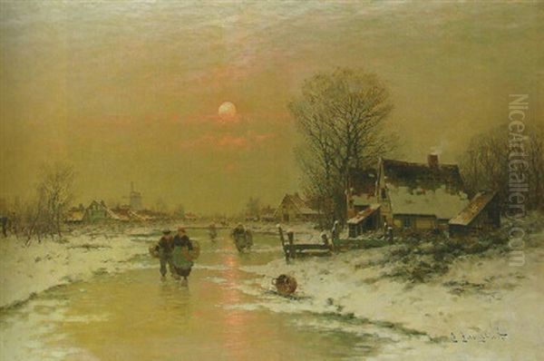 A Moonlit River Landscape In Winter Oil Painting by Johann Jungblut