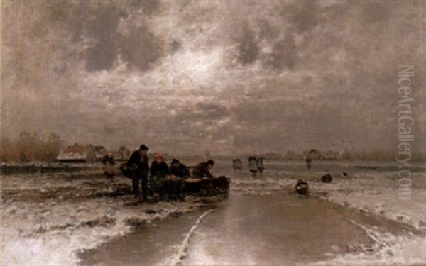 Eisfischer Mit Ihren Frauen In Weiter Hollandischer Fluslandschaft Oil Painting by Johann Jungblut