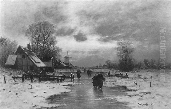 Winterliche Abenstimmung An Einem Kanal Mit Staffagen Oil Painting by Johann Jungblut