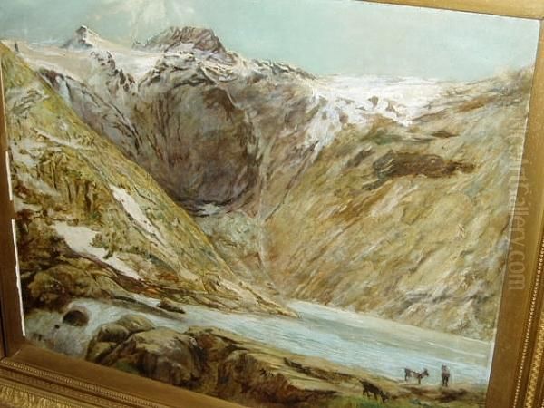 Goats In A Mountainous Lake Landscape Oil Painting by Walter Daniel Batley