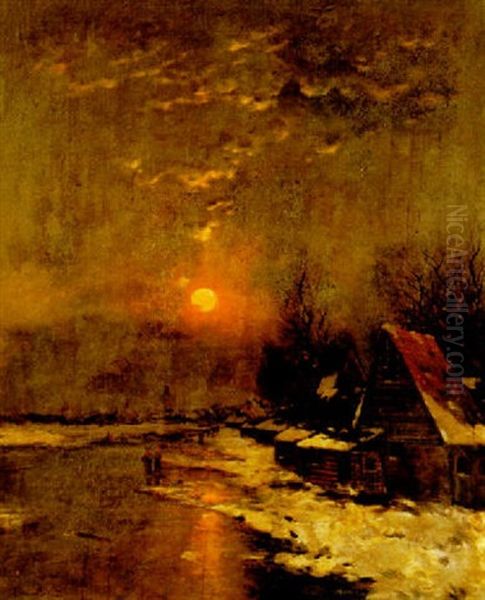 Hollandische Winterlandschaft Im Abendlicht Oil Painting by Johann Jungblut