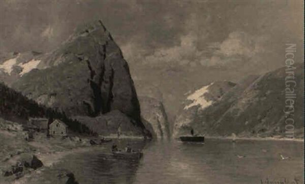 On A Fjord Oil Painting by Johann Jungblut